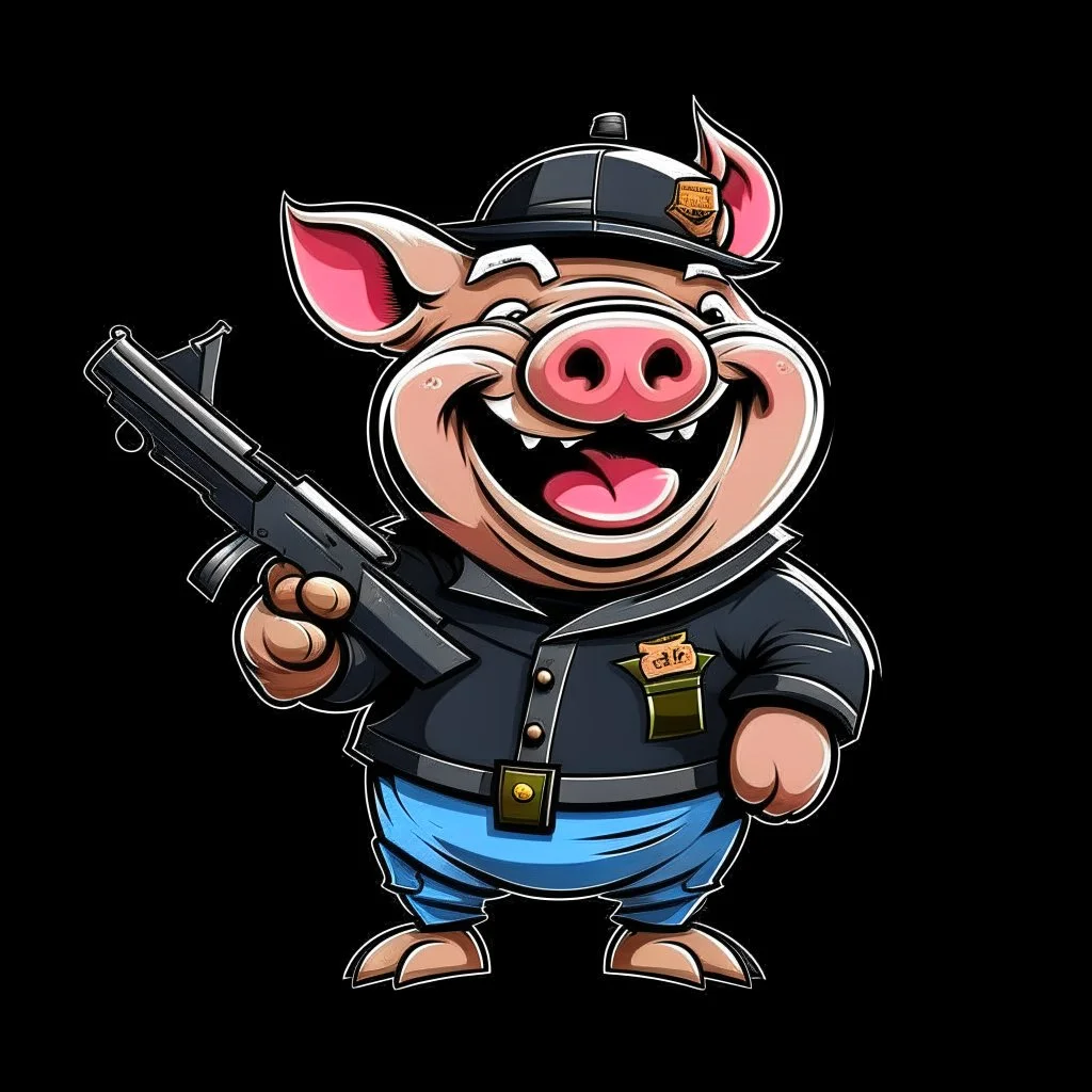 Little pig laughing, armed with a gun, cartoon style, James Bond style, vivid and dark colors, transparent background, 32k UHD