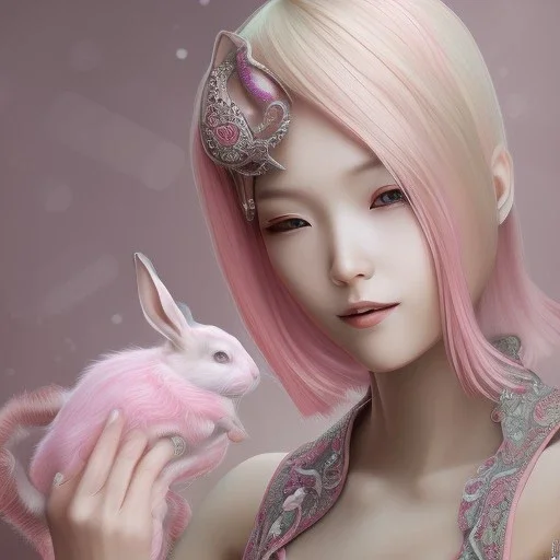 Asian woman, leaning pose, pink short hair, latex suit, highly detailed, rabbit mask,