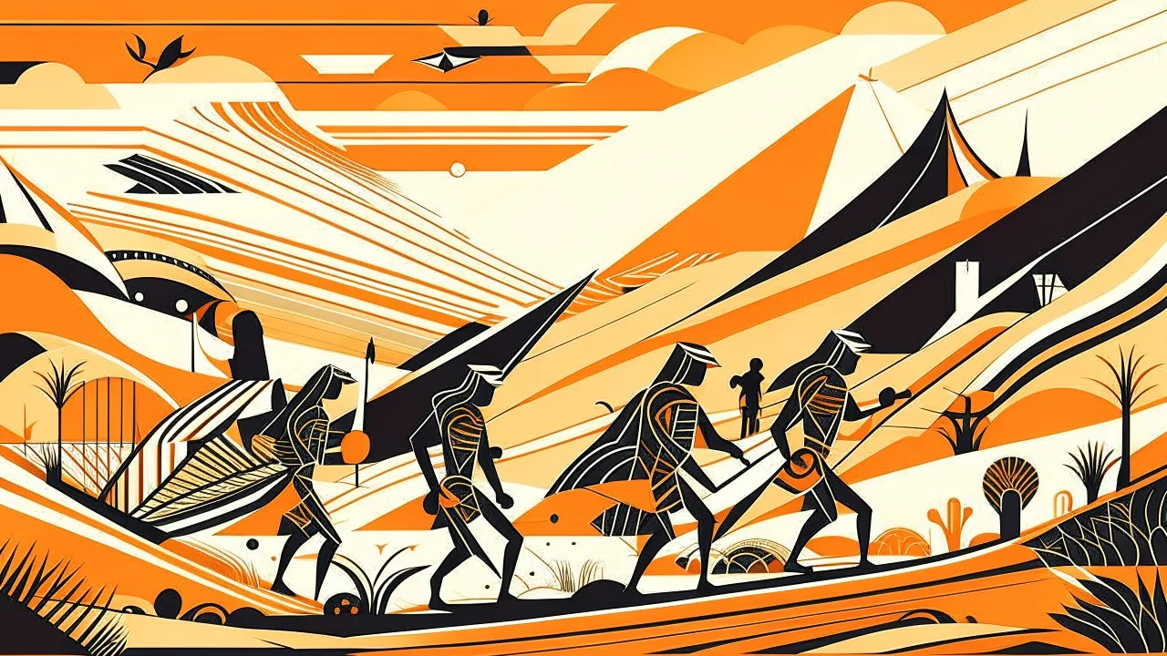 An illustration in a neo-primitivism style showcasing a group of futuristic nomads traveling through a desert landscape, with geometric patterns and bold lines symbolizing their journey and survival instincts