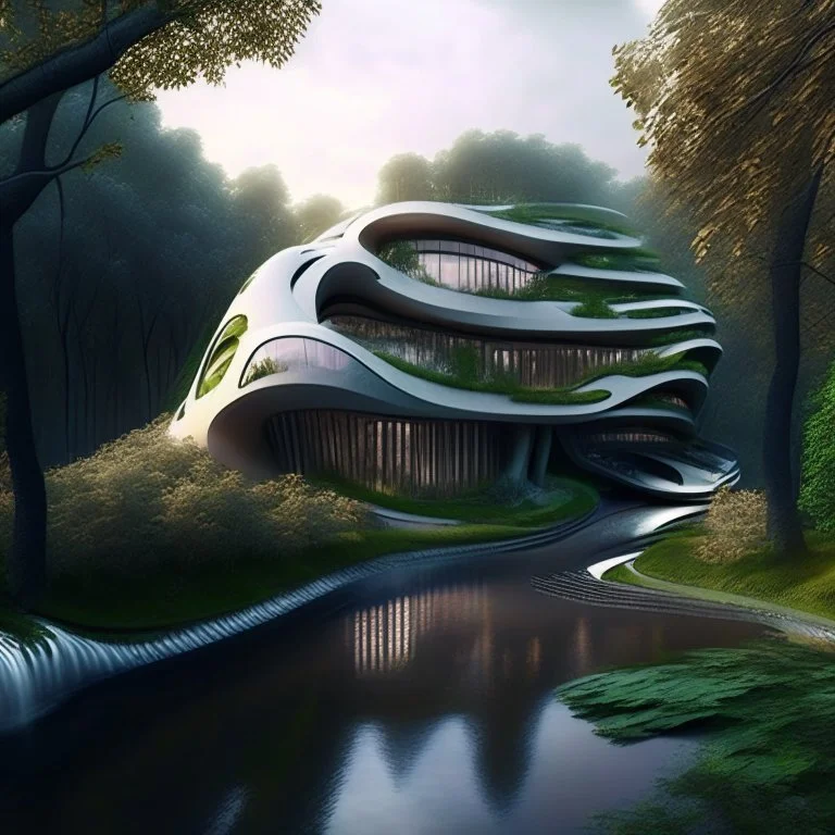 Zaha Hadid style country house hyper-detailed hyper-realistic trees river fall 8k