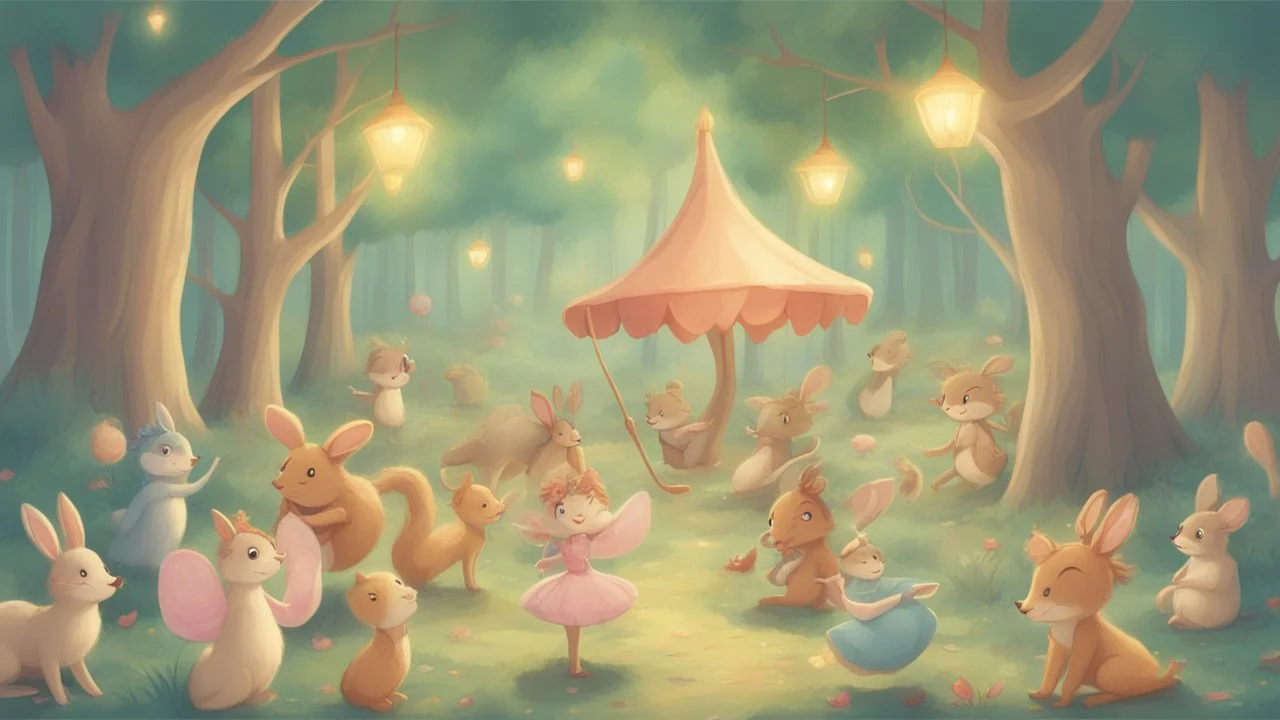 antasy cartoon style illustration: Once upon a time, in the heart of the Enchanted Forest, there was a magical event that all the woodland creatures looked forward to—the Forest Carnival. The trees were adorned with twinkling fairy lights, and the air was filled with laughter and excitement.