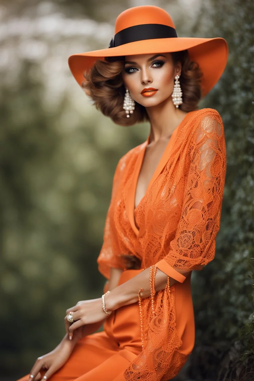 full body beautiful girl, elegant orange,lace clothes of the 80s, luxury style, small elegant hat with feather, hair of the 80s, pearl necklace, earrings masterful, beautiful face