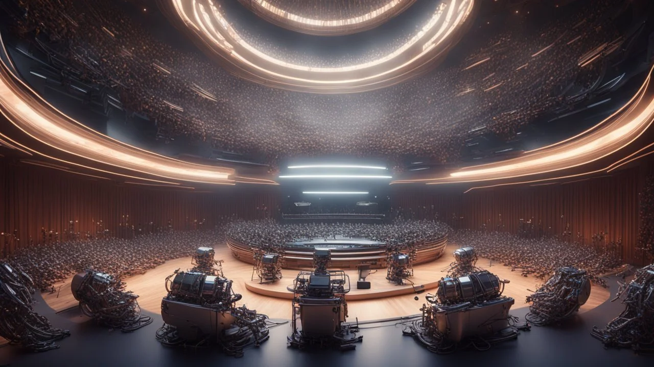 A futuristic concert hall where a full orchestra of robots performs with flawless precision. Each robot is designed to play a specific instrument, their fingers and arms moving with incredible dexterity and coordination to produce a symphony of sound, Ultra Realism, beautiful intricate insanely detailed octane render, 5d, 16k, artistic photography, natural volumetric perfect light, chiaroscuro, award-winning photograph, masterpiece, rule of thirds, 80mm lens, adjust perspective