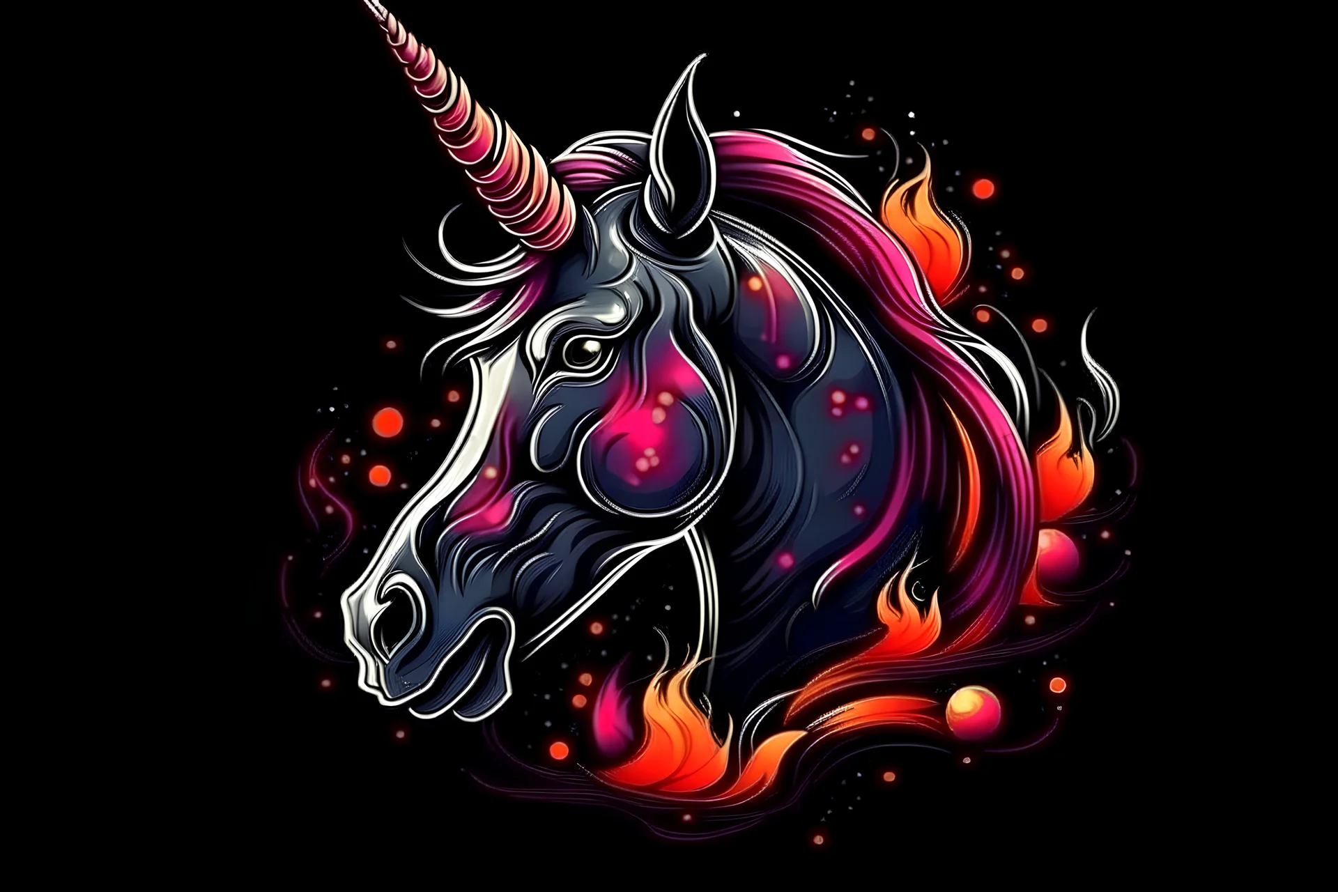 purple and black unicorn in fire head portraite modern style