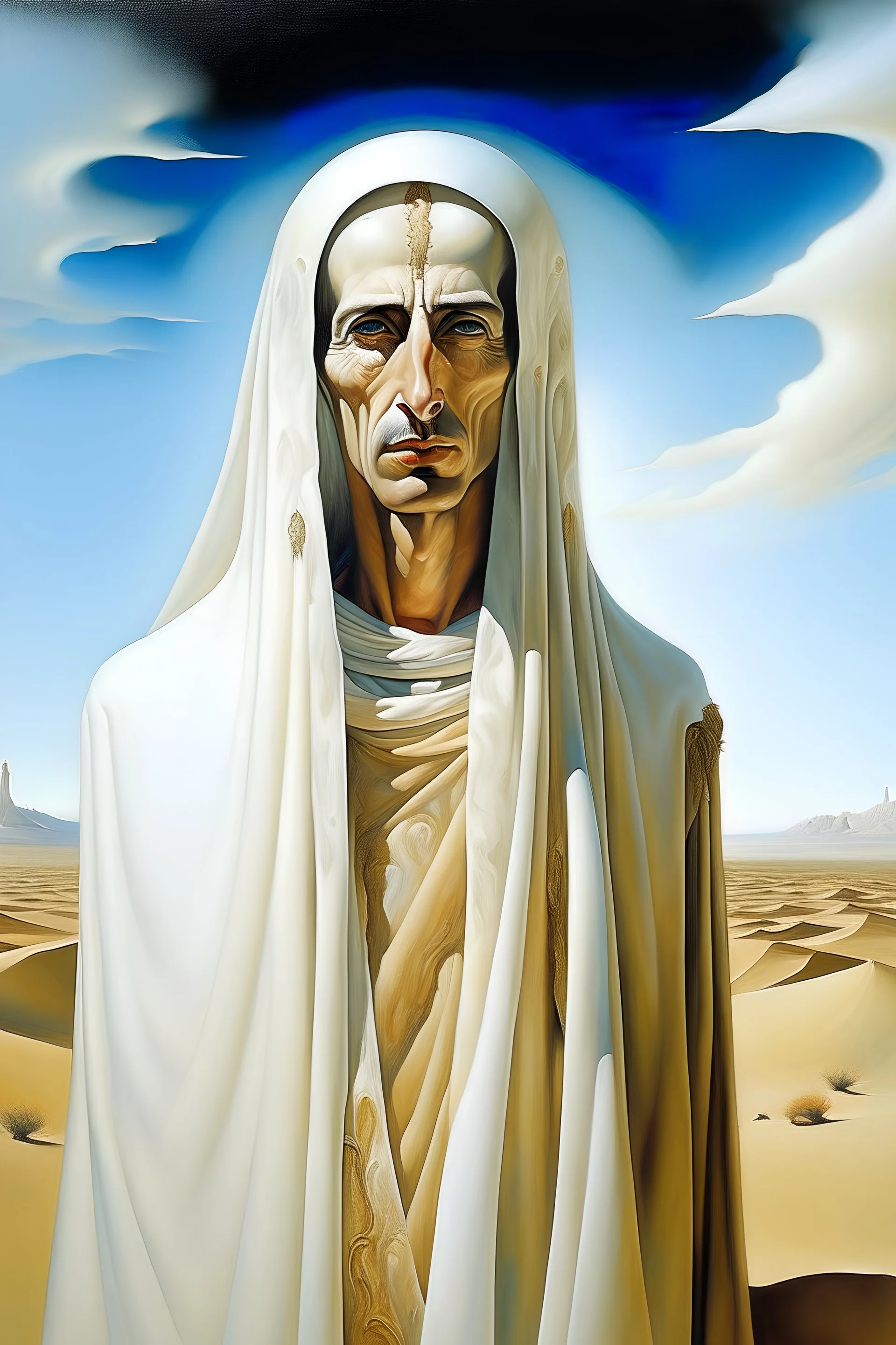 portrait of tall god looks like human but 4 times bigger than normal humans with shining eyes in full clothes, clothes like Arabs in desert. Their face is covered in white shall only their eyes are out. by Dali