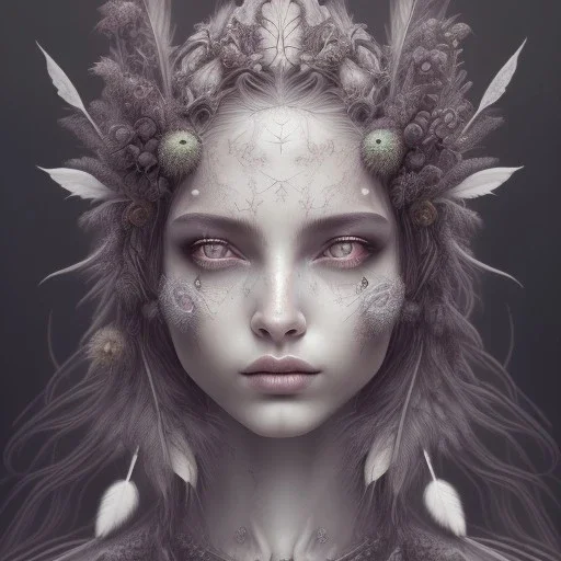 karlan, plant metal, feathers, Dryad, fae, sidhe, ominous, nature, plants, wildflower background, face tattoo, dnd character portrait, intricate, oil on canvas, masterpiece, expert, insanely detailed, 4k resolution, cute big circular reflective eyes, cinematic smooth, intricate detail , soft smooth lighting, soft pastel colors, painted Renaissance style