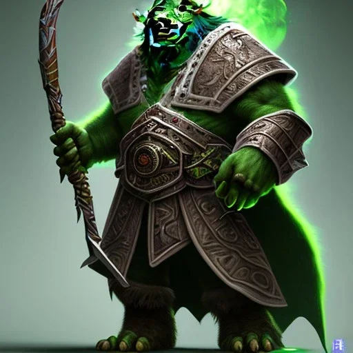 orc mage, Height 200cm, Weight 150kg, Skin color green, Has predator-like eyes, fangs, and claws. He holds a magic wand by both hands. He kills humans with ferocious accuracy. His intelligence is equal to that of a human. Wears robes of crude cloth