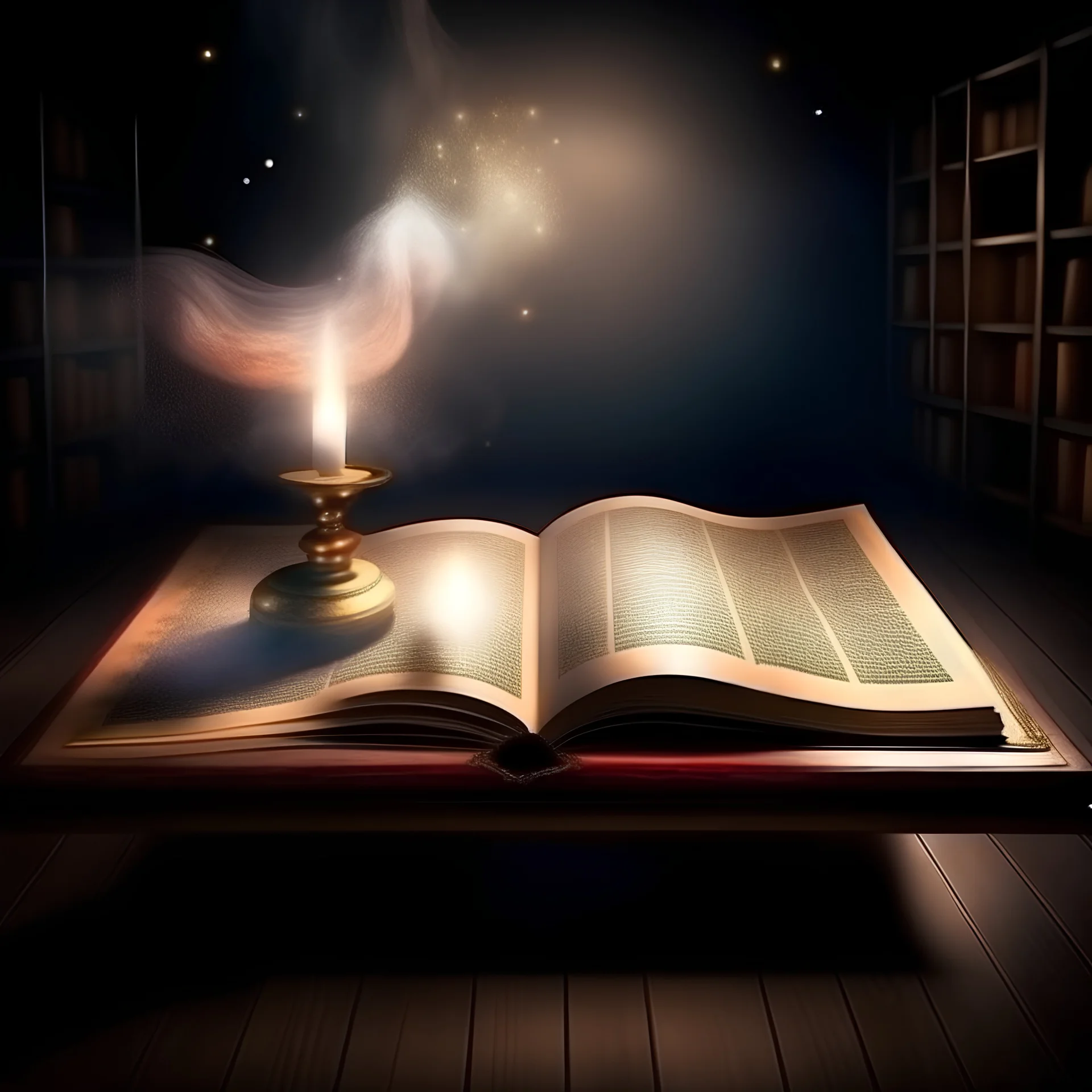 un livre ouvert posée sur une table, fantasy style, scène theatre background