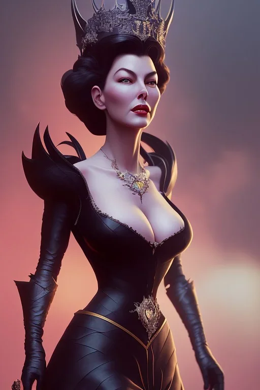 Ava Gardner as evil queen in black leather, busty, cleavage, curvy, angry, stern look. character design by cory loftis, fenghua zhong, ryohei hase, ismail inceoglu and ruan jia. unreal engine 5, artistic lighting, highly detailed, photorealistic, fantasy