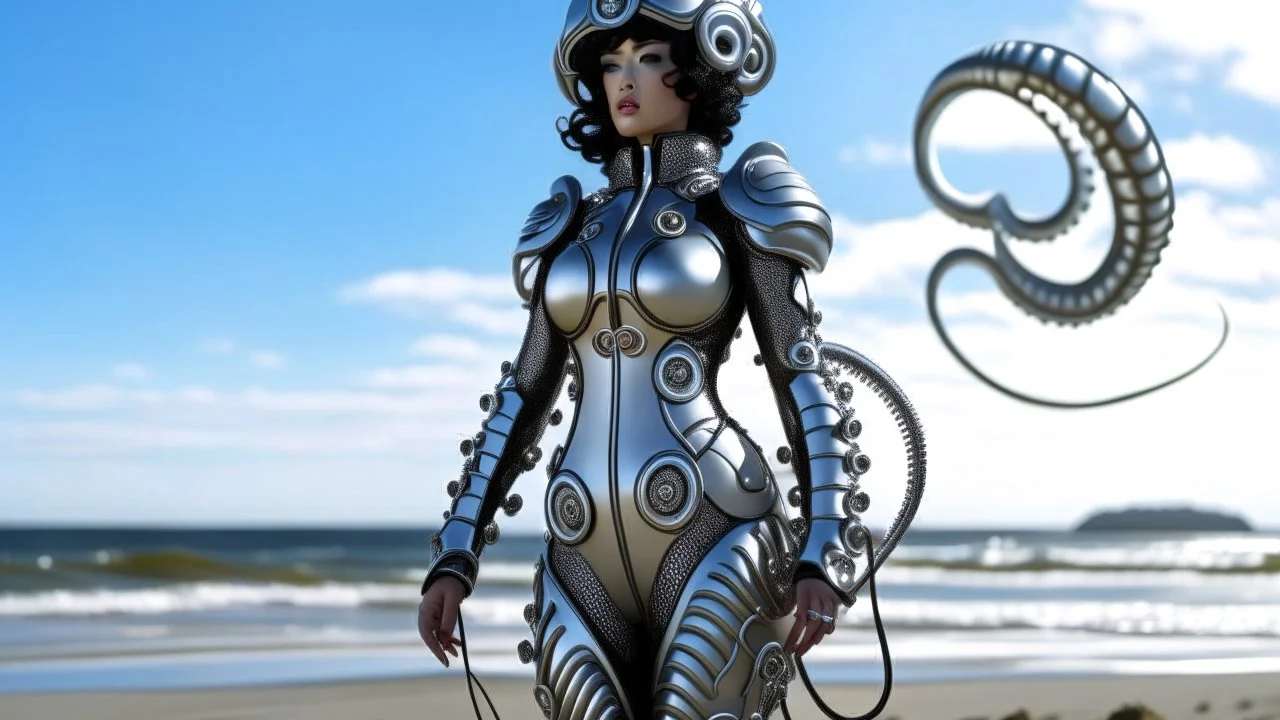 A woman with dark hair in a silver robotic catsuit, standing on a beach with flying mushrooms looking like parasols, with octopus tentacles in the air