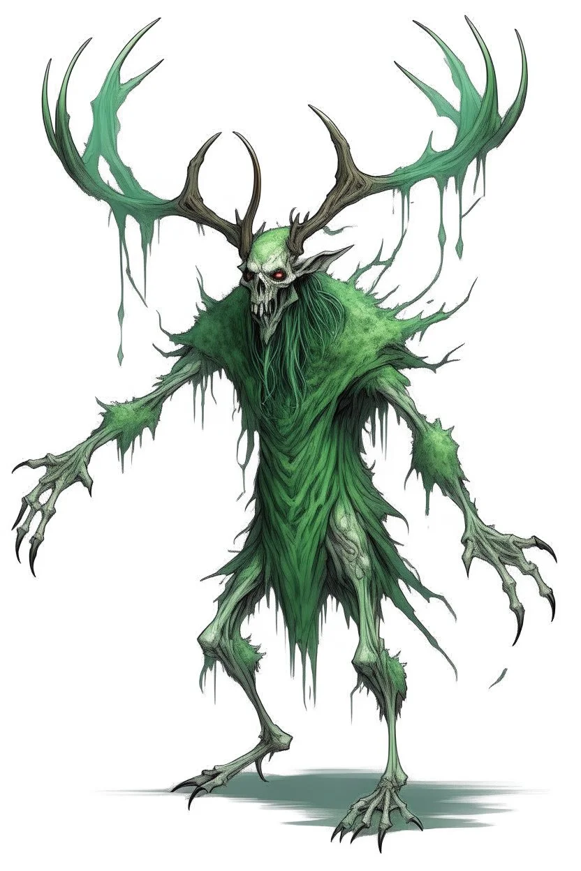 wendigo green fur with deer skull covering head and face, fingers ending in claws with long arms reaching knees which bend backwards, eyes that are sunken back, full body image