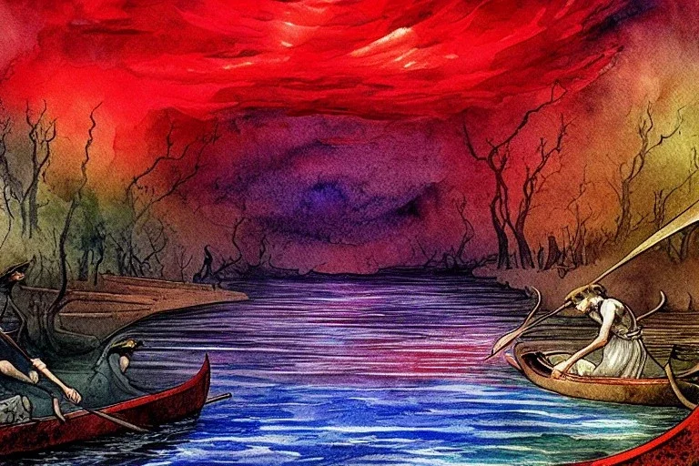 The red hot River Styx leading to hades, Charon, Impressionist brush strokes, high detail, dark dull color, Watercolor, greek fantasy, fine detail, high quality, masterpiece,