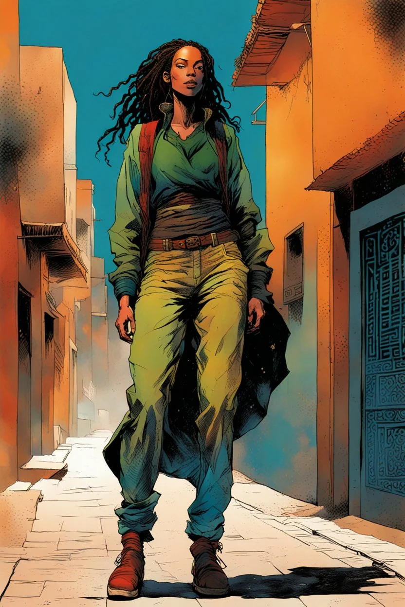 create an imaginative full body illustration of an female, ornately dressed Taureg nomad with finely detailed facial features, short dreadlock hair, in the backstreets of Marrakech, in the comic book art style of Bill Sienkiewicz, Mike Mignola, and Jean Giraud Moebius, finely textured, drawn, colored, and inked