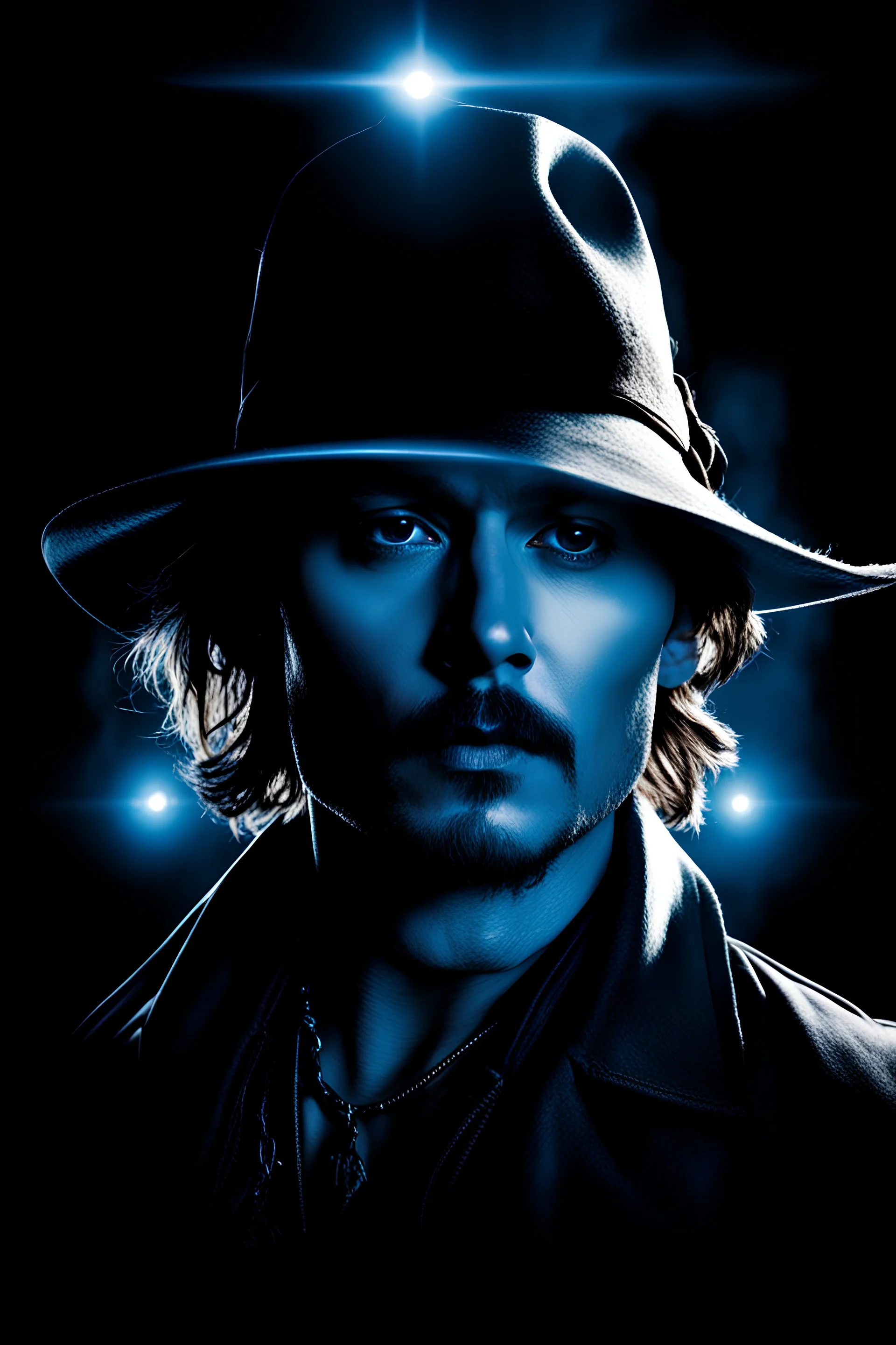 pitch-black background with a blue glowing overhead spotlight effect, Johnny Depp