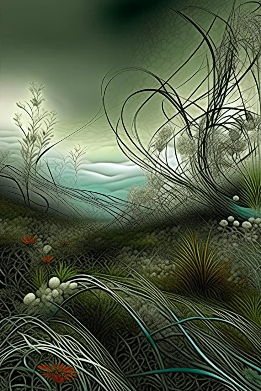 Гжель и Хохлома, mysterious multi-layered and multidimensional structure, grasses, strange sky, trees, unusual flowers, intricate, extraordinarily beautiful landscape,fractal, surreal, careful drawing of details, clear contour, photorealism, botanical style, path, pale black, grey, light green, dark blue, red, yellow, curls, swirls, smoke, beautiful, realistic, soft lighting, high resolution, high detail, masterpiece