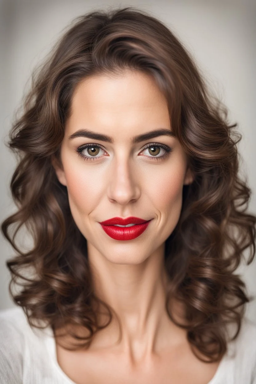 a portrait of a cute spanish girl with brown hair and large brown eyes and big red lips in her 40s