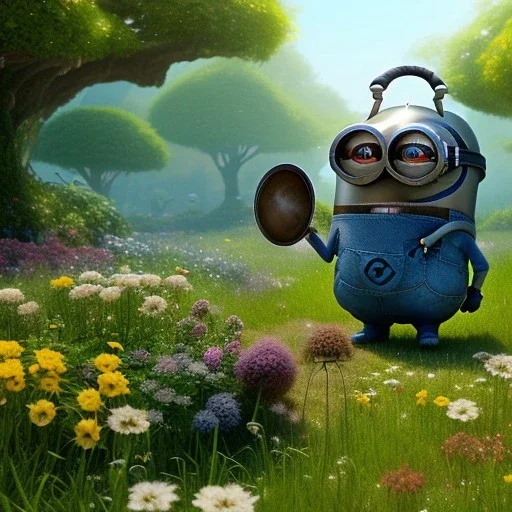 pixar style, volumetric summer garden environment and background, realistic painting of a Minion, smiling, detailed digital painting, extreme dense and fine fur, anime, ornate, colour-washed colors, elegant, small minutiae, tiny features, particulars, centered, smooth, sharp focus, renderman gofur render, 8k, uhd, detailed eyes, realistic shaded volumetric lighting, sunlight caustics, backlight, centered camera view