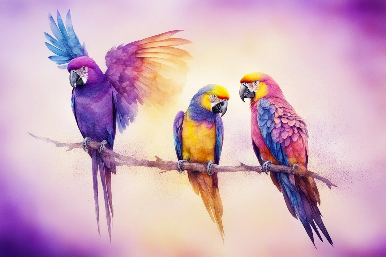 parrot-phoenix mix birds, a picture of togetherness, death, resurrection, purple in sunshine, watercolor and black ink outlines, sparkling golden glitter, ethereal, cinematic postprocessing, bokeh, dof