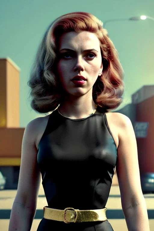 retro portrait image from 1960, supermarket parking explosion, long hair, young Scarlett Johansson, classic black tight lycra suit, gold bracelet and belt, high heel boots, soft color, highly detailed, unreal engine 5, ray tracing, RTX, lumen lighting, ultra detail, volumetric lighting, 3d, finely drawn, high definition, high resolution.