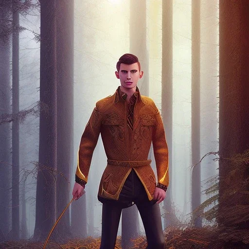 Male, Human, Blond, Sorcerer, Fire Mage, Golden Eyes, Young, Photorealism, Full Body Shot, Forest Background