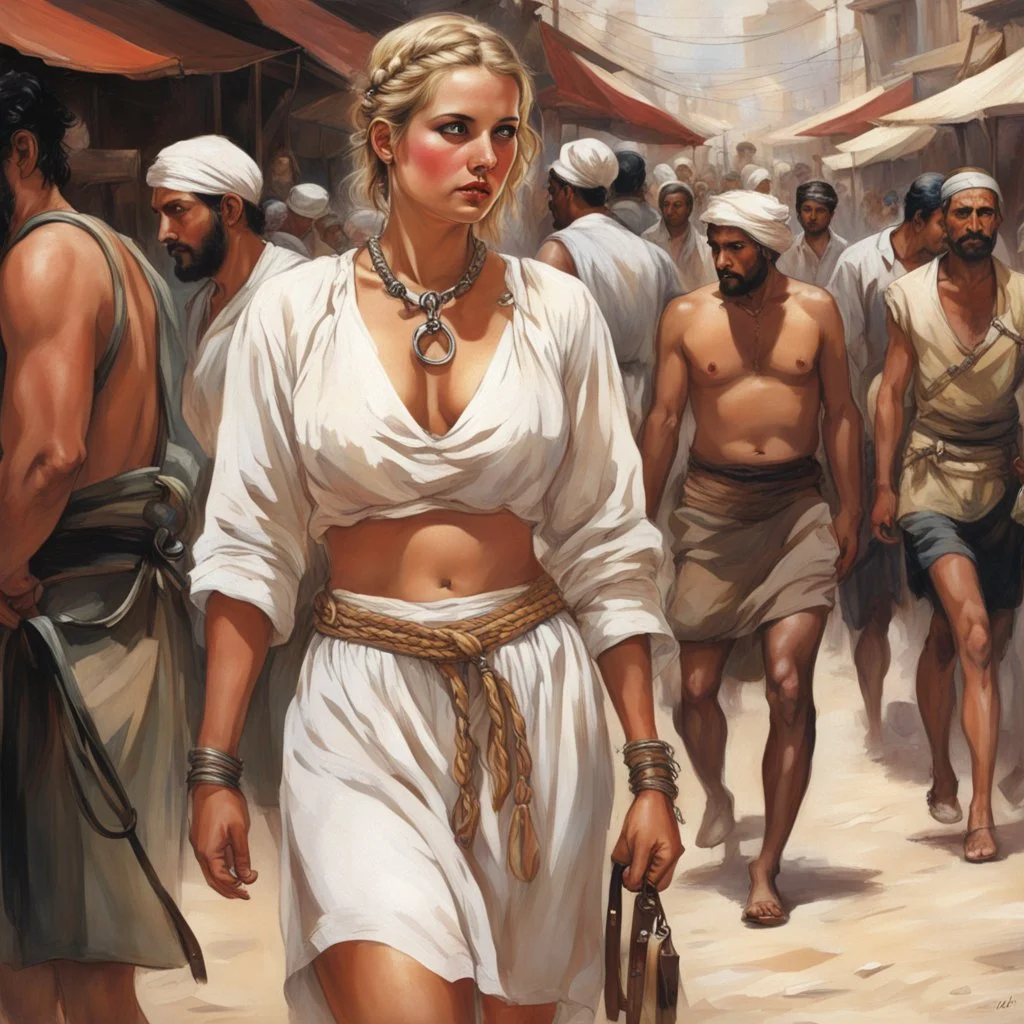 youthful servant woman in linen undies, with braided blond hair, ample bosoms, a 3-inch-wide steel collar locked tightly around her neck, and steel manacles on her wrists and ankles, head tilted down in shame, escorted roughly by a much larger man as they walk through a crowded North African bazaar.