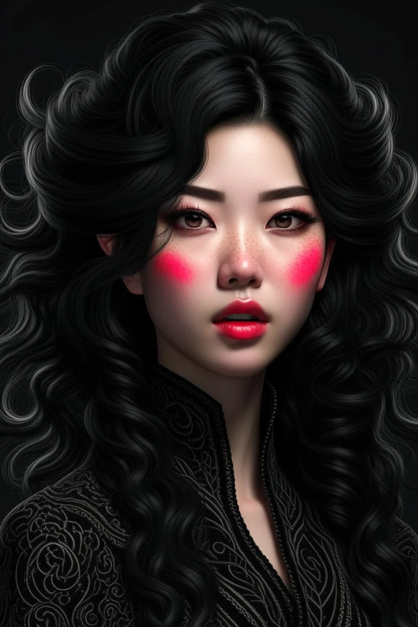 portrait of a fantasy asian goth woman with wavy black hair, fantasy style, realistic style, highly intrictae details, high quality, 8k