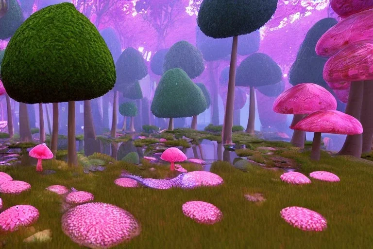 Fantasy dreamworks Paysage forêt maison dans les grands arbres avec champignons roses et une rivière bordée de grandes fleurs roses, lumiere volumetrique, unity engine