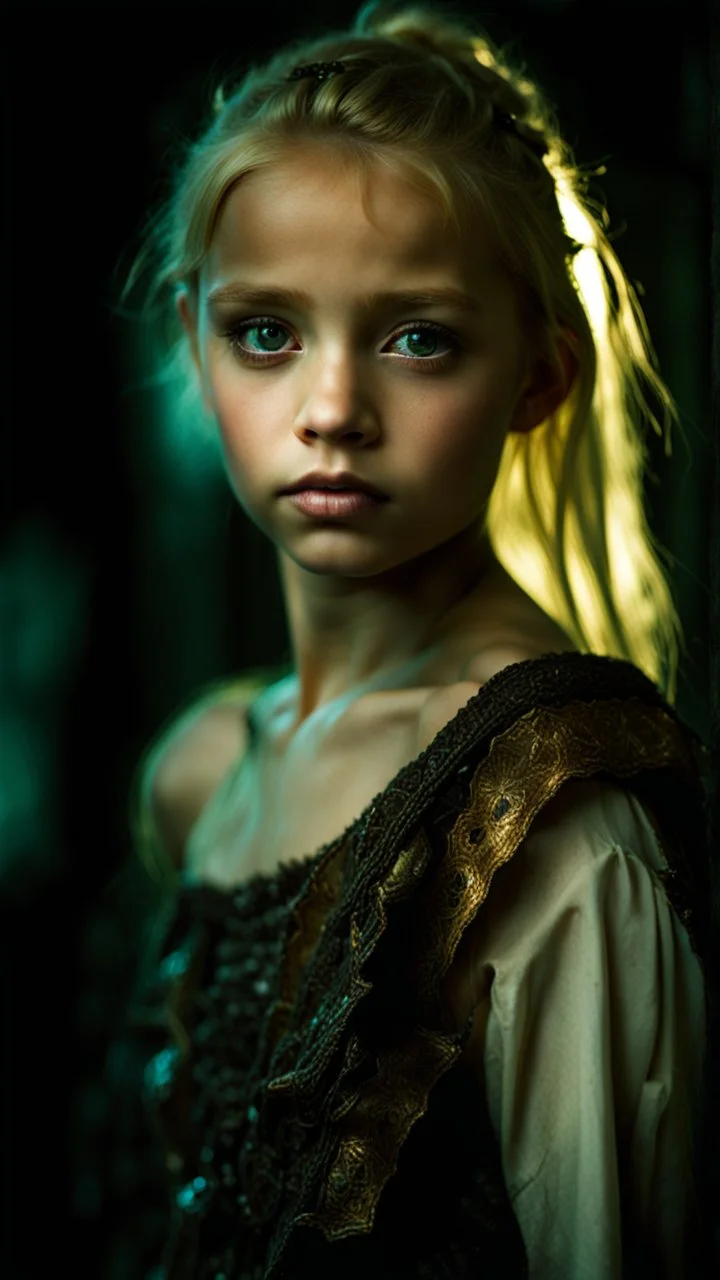 portrait of a poor young girl with blonde hair, Heterochromic eyes, Dark fantasy