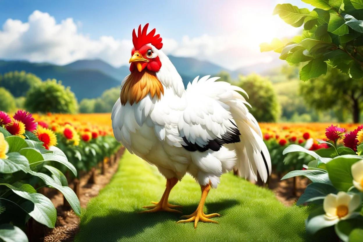 Here is the translation to English: "A beautiful chicken with a cat-like face in a flower and tree farm"