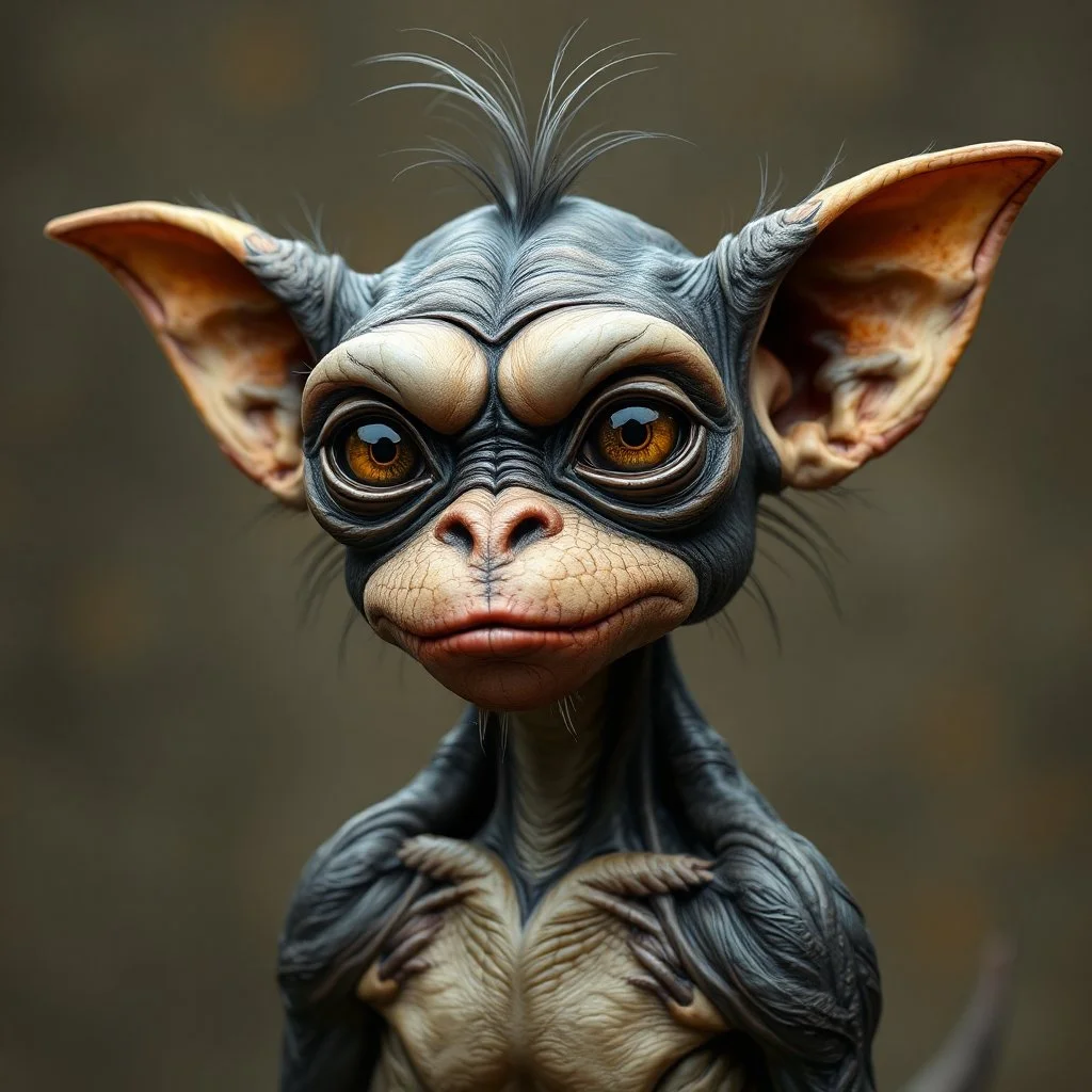 humanoid gremlin dog with very human face and body, like the face of a famous person