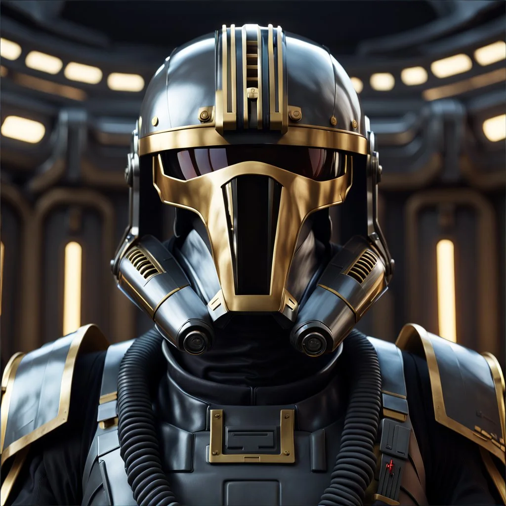 star wars bald male corellian pilot wearing gunmetal grey and black First Order TIE pilot armored flightsuit and helmet with gold trim inside the jedi temple, centered head and shoulders portrait, hyperdetailed, dynamic lighting, hyperdetailed background, 8k resolution, volumetric lighting, light skin, fully symmetric details