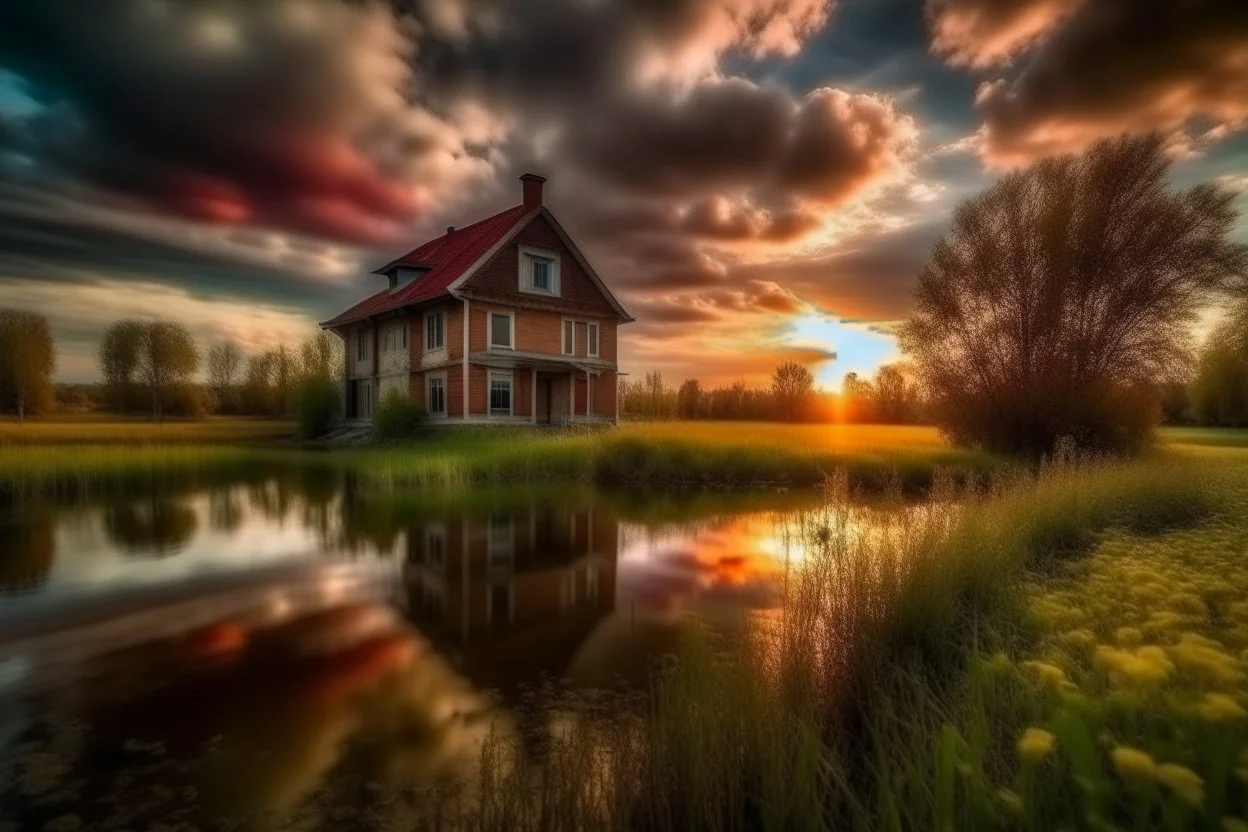 small pond beside the beautiful small house, stunning sunset,early evening, wild clouds,ultradetailed, insane resolution,,8k, hdr