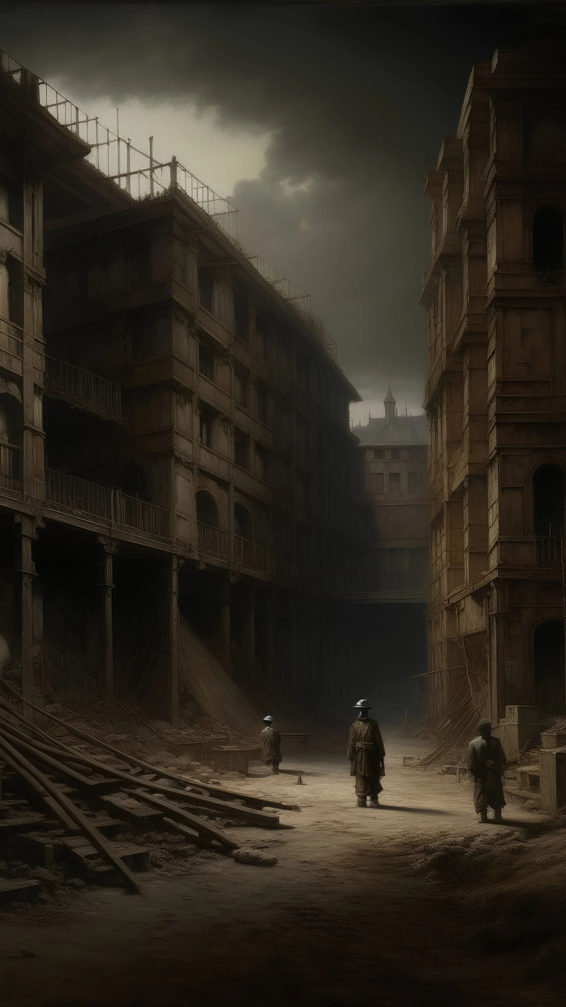 A dark brown construction site painted by Francis Danby