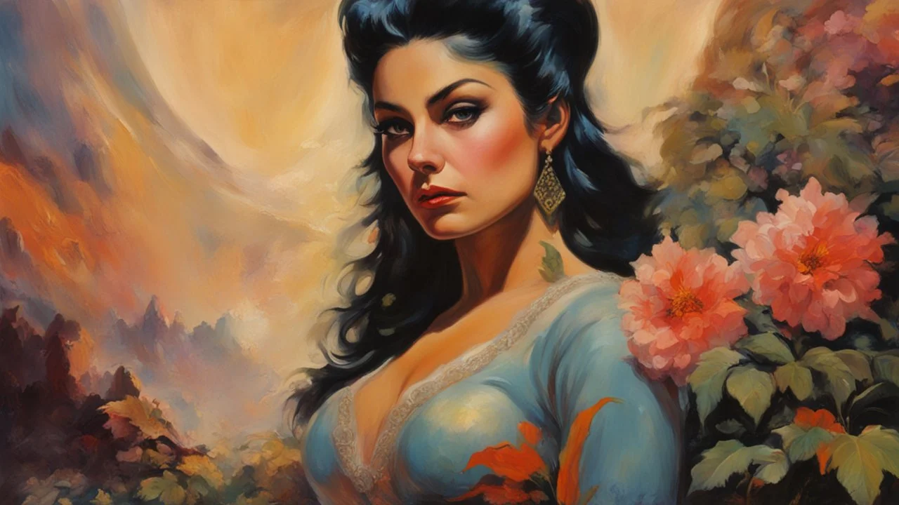 beautiful girl ,mugshot, Planet of the Vulcans, multicolored, large, floral designs, atmospheric, beautiful, oil painting by Frank Frazetta, 4k UHD, Photorealistic, professional quality