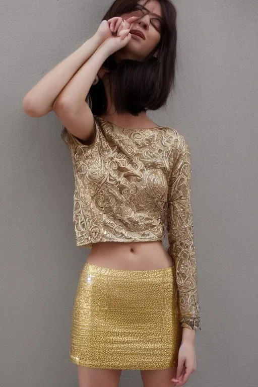 Portrait lady, full body shot, full-color long shot ornate gold filigree sheer crop top Tshirt and silver miniskirt positive space dominance