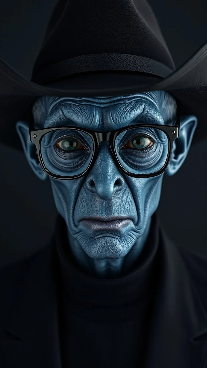 A man in black with a black cowboy hat and dark eyeglasses a body shot of a super blue skin alien, full head, old, looking at the camera, super big head, super big black eyes, small mouth, no ears, total black skin. photo real, hyperrealistic, high dynamic range, rich colors, lifelike textures, 8K UHD, high color depth. neutral dark background.