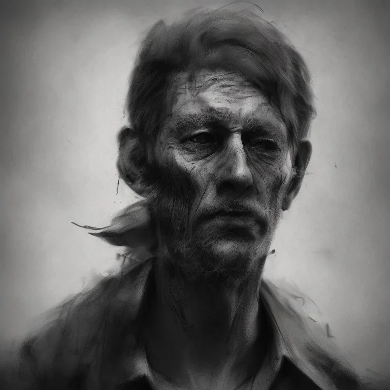 Extremely detailed portrait of man fading into a dark and rough oblivion, black and white digital painting.