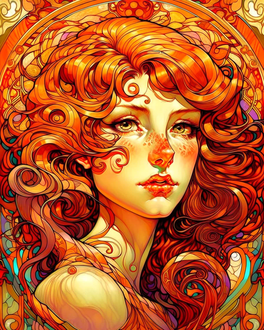 Tile hair, flaming lips, eyes seeking eternity, leader of the witch community, coppery tresses tumbled about her face, tremendous facial anatomy, meaningful beautiful brown eyes, wavy purplish hair, one third rule, trending on top of Art station, by Alphonse Mucha"