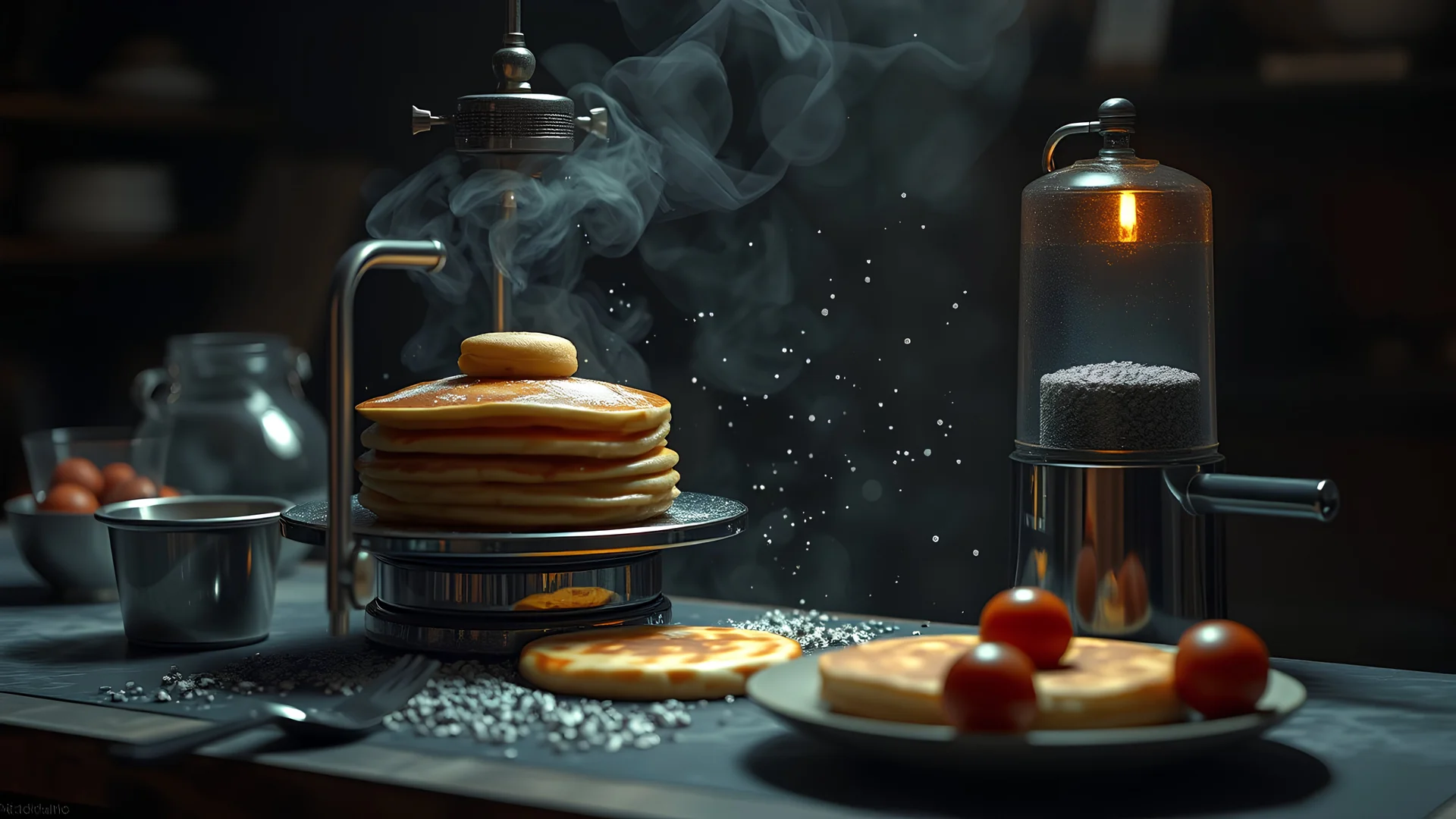 Machine to make pancakes in the style of Heath Robinson, exquisite composition, beautiful detailed intricate insanely detailed octane render trending on artstation, 8k artistic photography, photorealistic concept art, soft natural volumetric cinematic perfect light, chiaroscuro, award-winning photograph, masterpiece, raphael, caravaggio, greg rutkowski, beeple, beksinsk