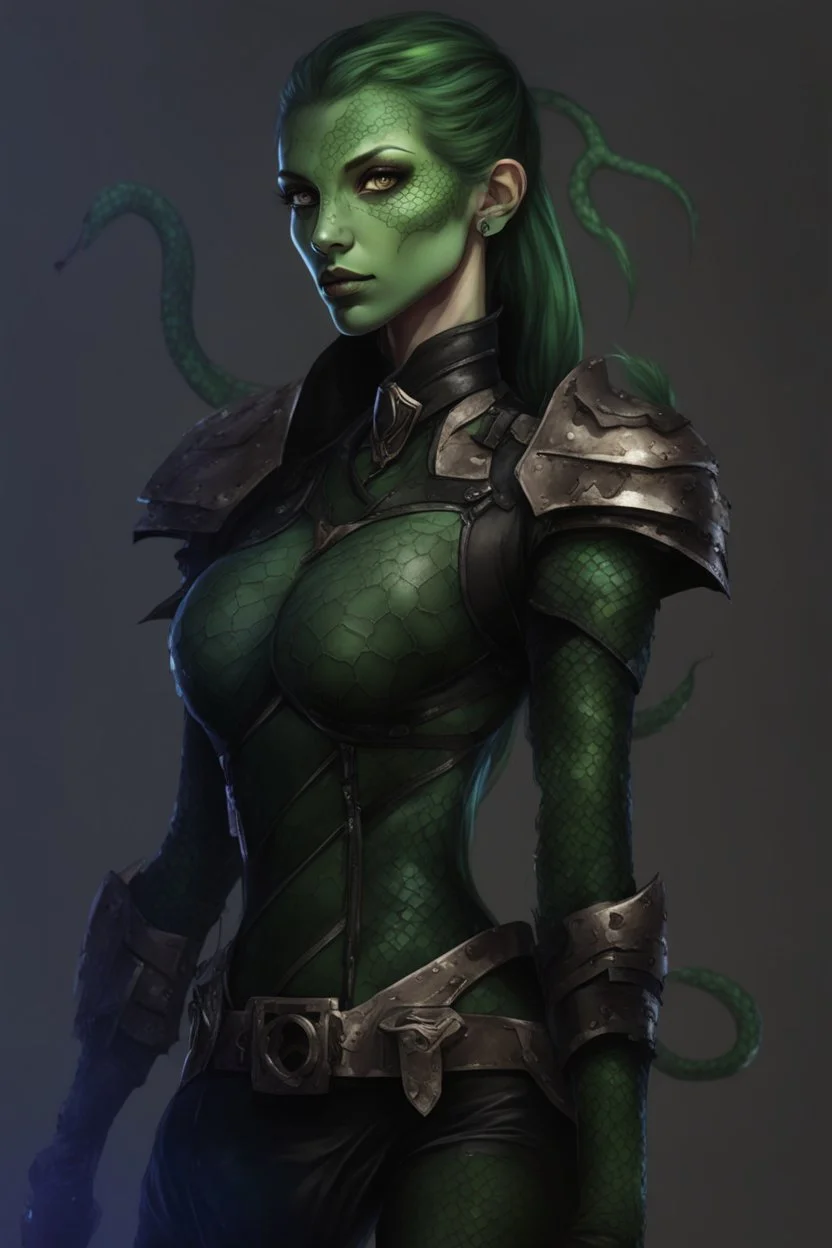 female snake humanoid, green scales, wearing a black leather armor, dungeons and dragons