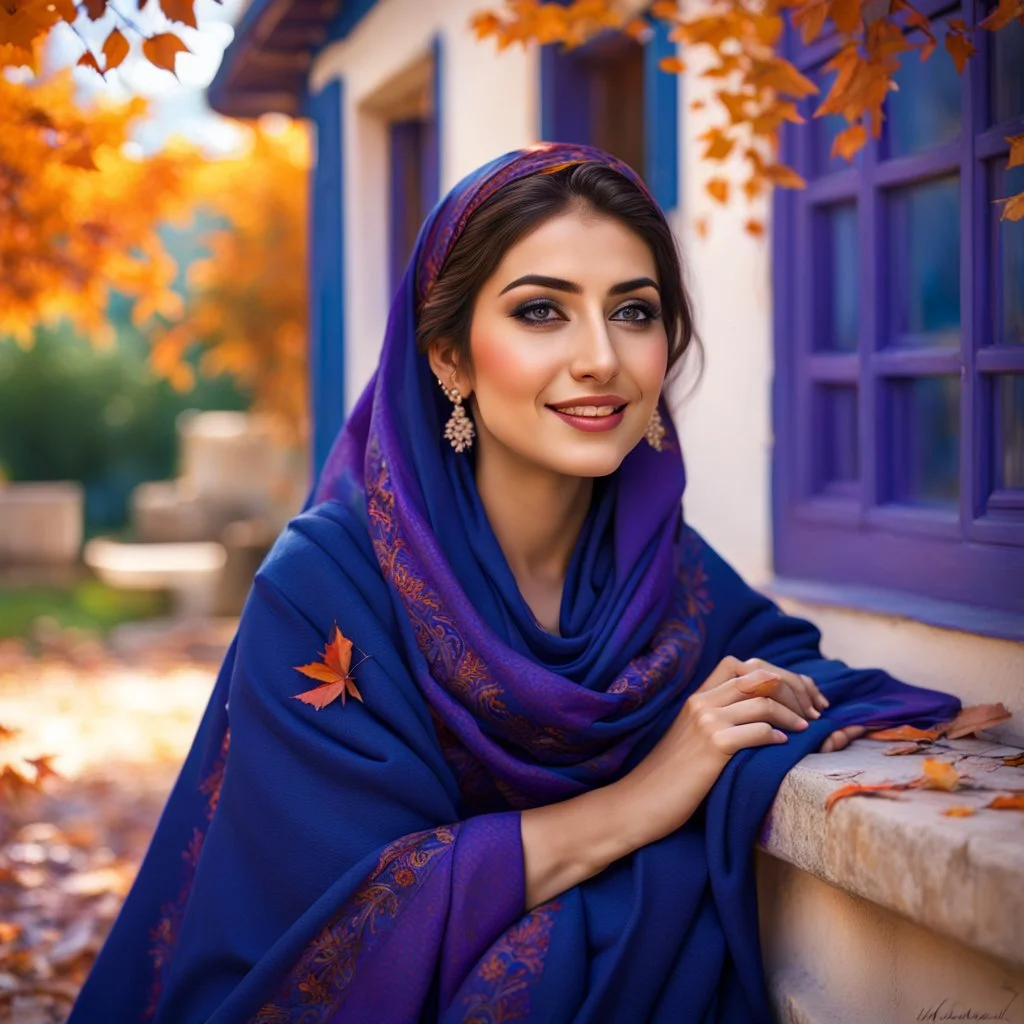 Hyper Realistic Photographic-Close-Face-View of Beautiful Young Happy Pashto Woman Wearing Navy-Blue-Dress-With Purple-Embroidery & Purple Shawl Happily Sitting Outside Her Blue Colored-House-with-Orange-windows at beautiful-day-time with leaves-falling from thick-trees with-sun-rays & water-fountain-at-the-back showing dramatic & cinematic ambiance.