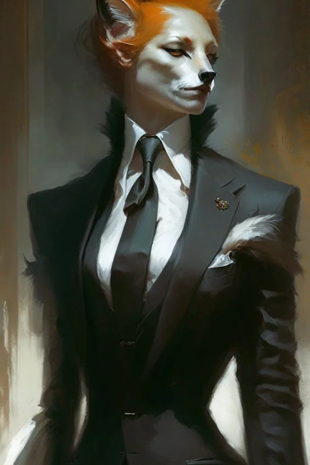 a fox in black suit,white collar neck band and court gown in the style of Aleksi Briclot, Charlie Bowater, Dean Cornwell, and Pino Daeni