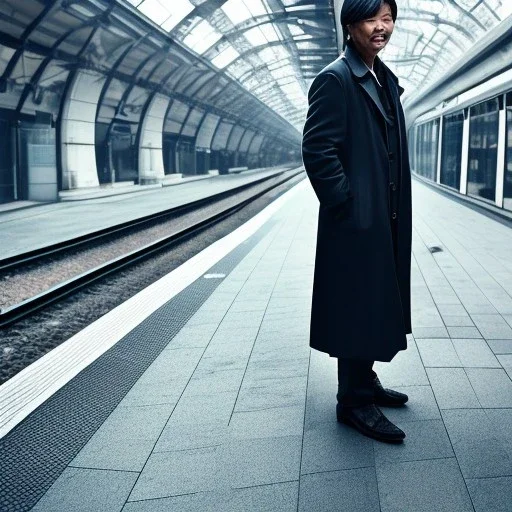 A middle aged Asian man with long hair and a black trench coat waiting for a woman at a train station in London