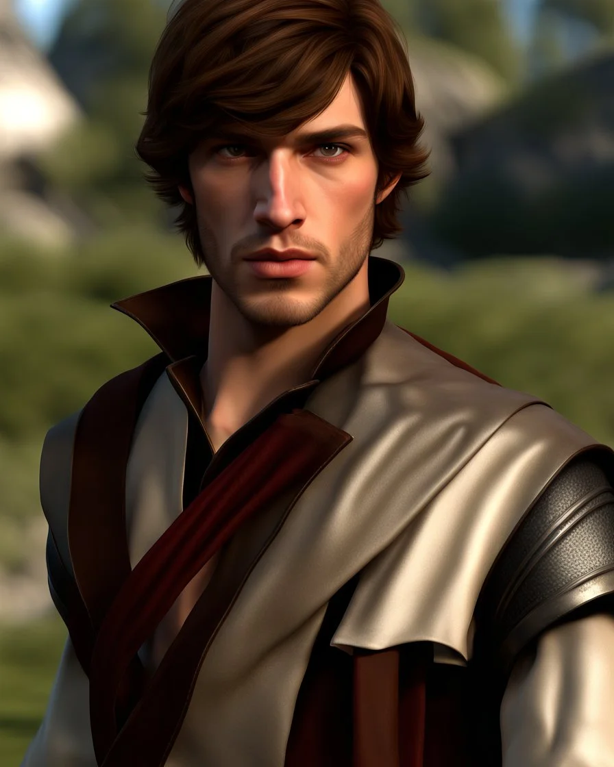 young noble swordman short brown hair photorealistic