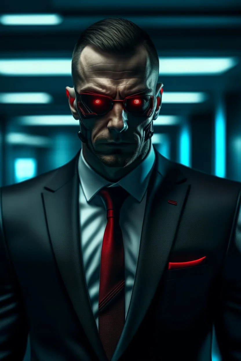 Bodyguard human with red cyberpunk eyes in the business suit at the office