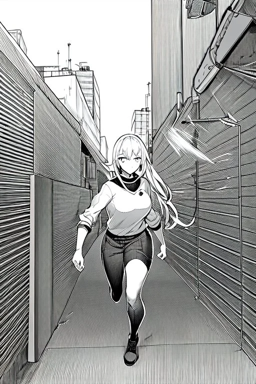 military girl runs down the street, greyscale