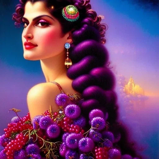 Hyperdetailed oil on canvas, gia carangi, detailed face, long hair, surrounded by luminous colorful sparkles, gypsy, grapes, blueberries, plums, sumac, purple by anne stokes, gaspar camps, maxfield parrish, alphonse mucha, cyril rolando, airbrush, depth of field, octane render, volumetric lighting; deep colors, symmetrical, cinematic, high coherence, golden ratio, rule of thirds, perfectly centered; anatomically correct faces, by james r. eads, ilon wikland art, vladyslav yerko, joanne scribner