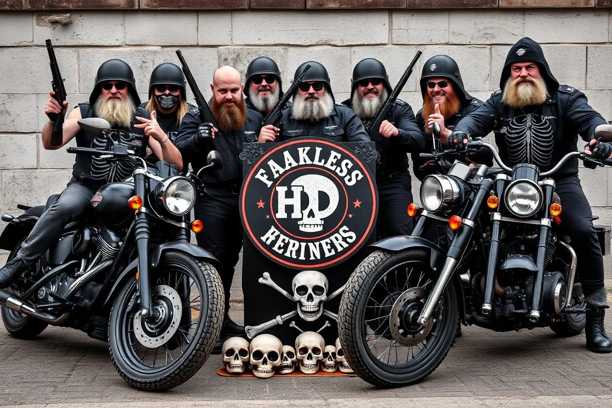 a very hard and tuff motorcycle bald gang, posing with their Harley Davidsson bikes, some of them holding guns and shotguns, a logo sign with Falköpings HD Club, "Fearless sinners" Skulls and bones, skeletons