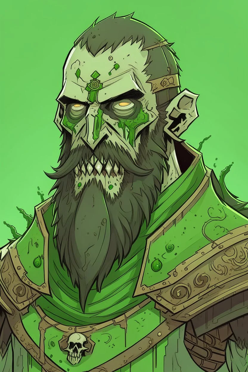 a anime drawing of a green zombie with a beard and scars, in medieval armour