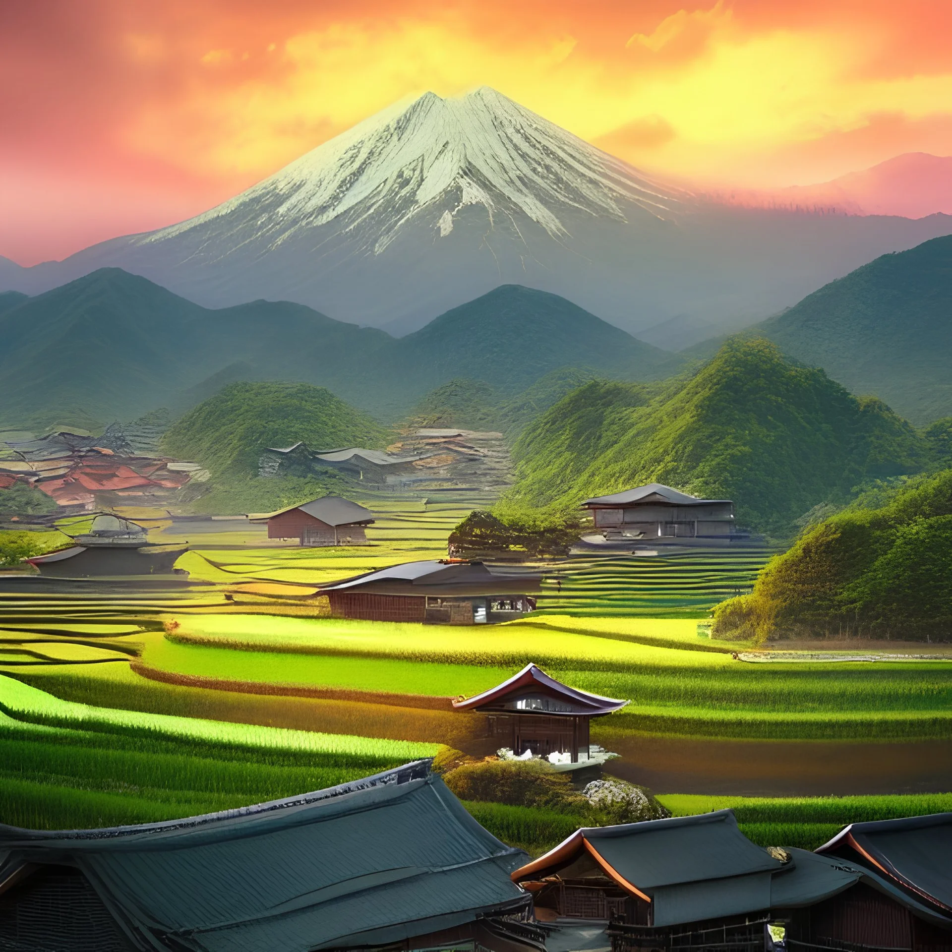 incredible, stunning japanese rice fields with wood shanties, mountains in the distance, colorful morning sky and mist, 8k, high-quality, ultrafine-detail, intricate, detailed matte, digital painting, artwork, brian froud, howard lyon, Scott Gable, Wajima Ishikawa, Mu Cang Chai, Greg Rutowski